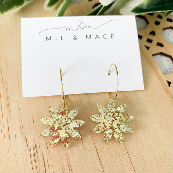 Gold Glitter Flower Hoops Acrylic Dangle Earrings