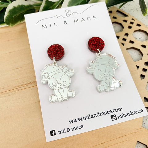 Christmas Reindeer Mirrored Acrylic Dangle Earrings