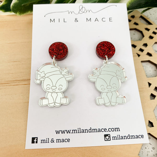 Christmas Reindeer Mirrored Acrylic Dangle Earrings