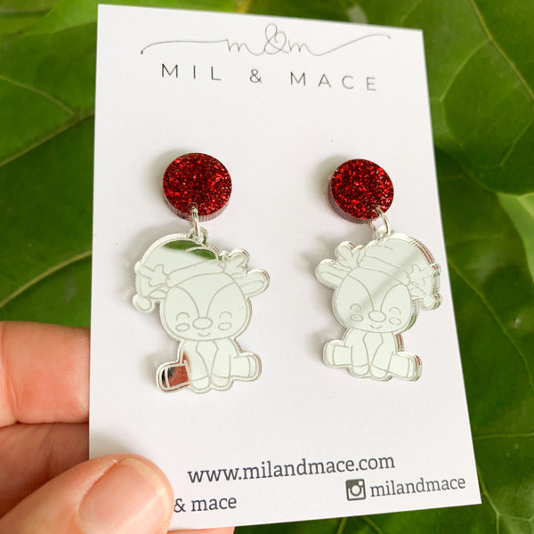 Christmas Reindeer Mirrored Acrylic Dangle Earrings