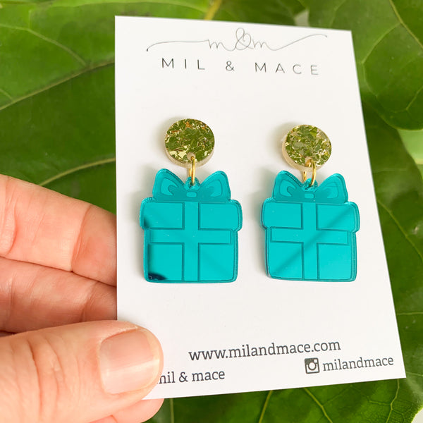 Christmas Present Mirrored Acrylic Dangle Earrings