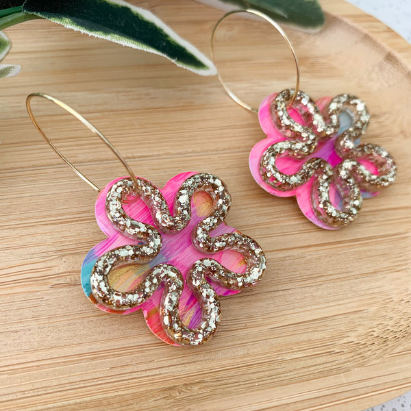 Brights Flower Power Hand Painted Yupo and Resin Dangle Hoop Earrings