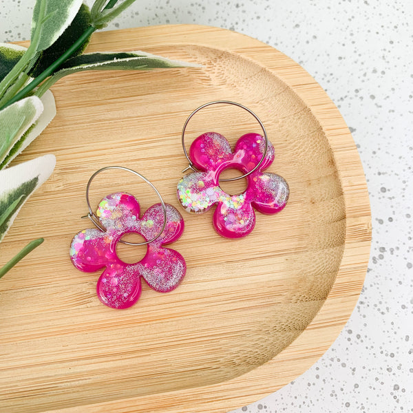 Flower Resin Hoop Dangle Earrings