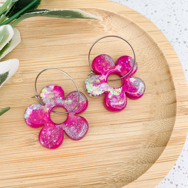 Flower Resin Hoop Dangle Earrings