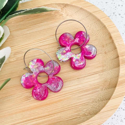 Flower Resin Hoop Dangle Earrings