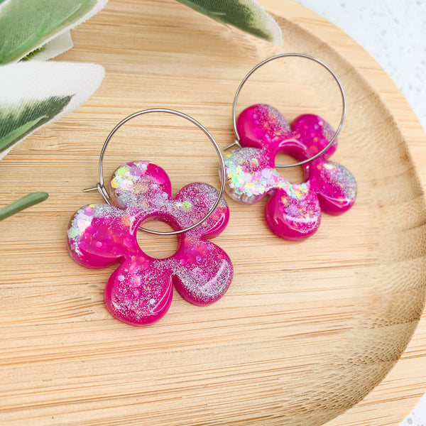 Flower Resin Hoop Dangle Earrings