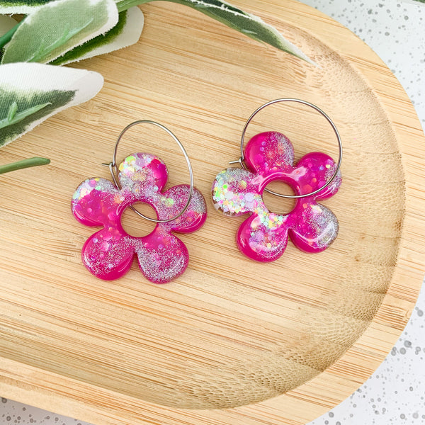 Flower Resin Hoop Dangle Earrings