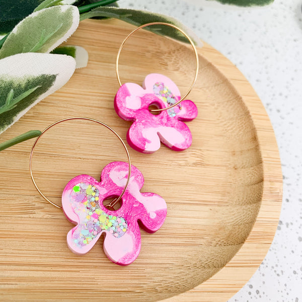 Flower Resin Hoop Dangle Earrings