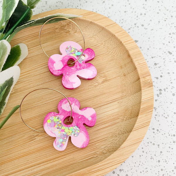 Flower Resin Hoop Dangle Earrings