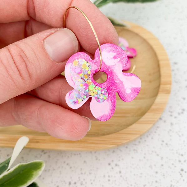 Flower Resin Hoop Dangle Earrings