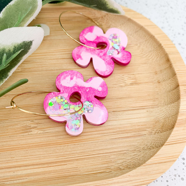 Flower Resin Hoop Dangle Earrings