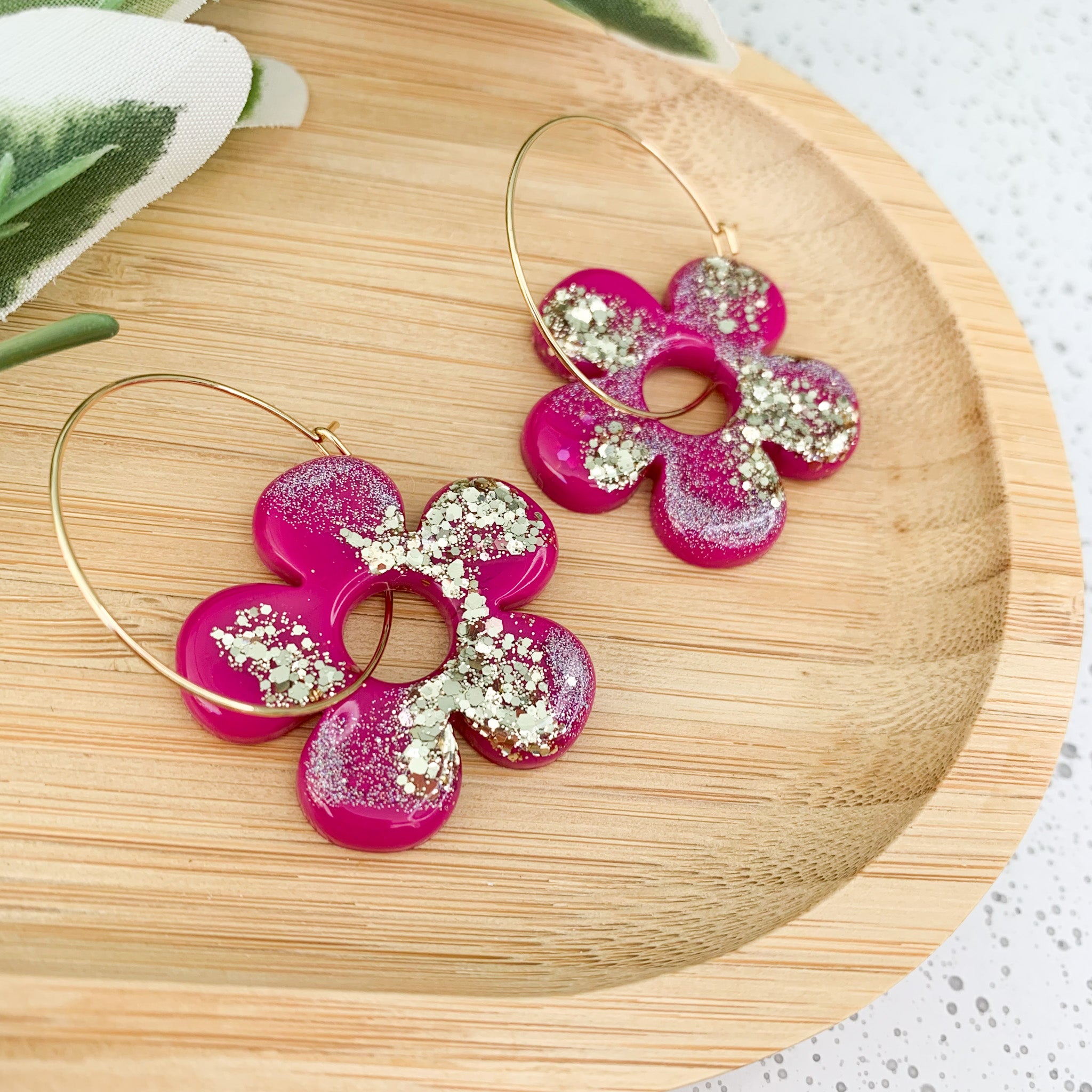 Flower Resin Hoop Dangle Earrings