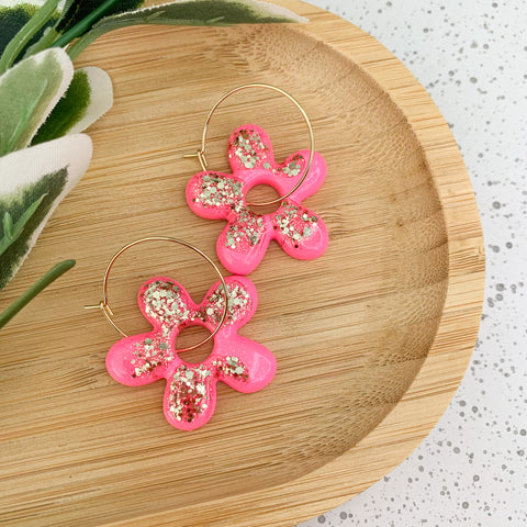 Flower Resin Hoop Dangle Earrings