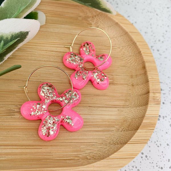 Flower Resin Hoop Dangle Earrings