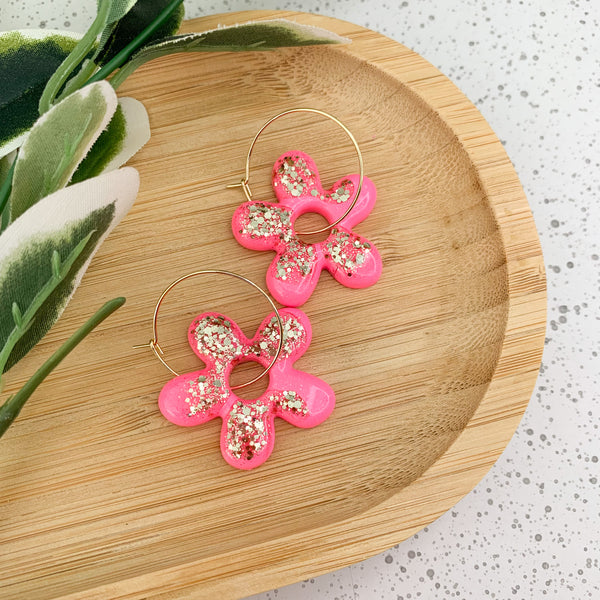 Flower Resin Hoop Dangle Earrings