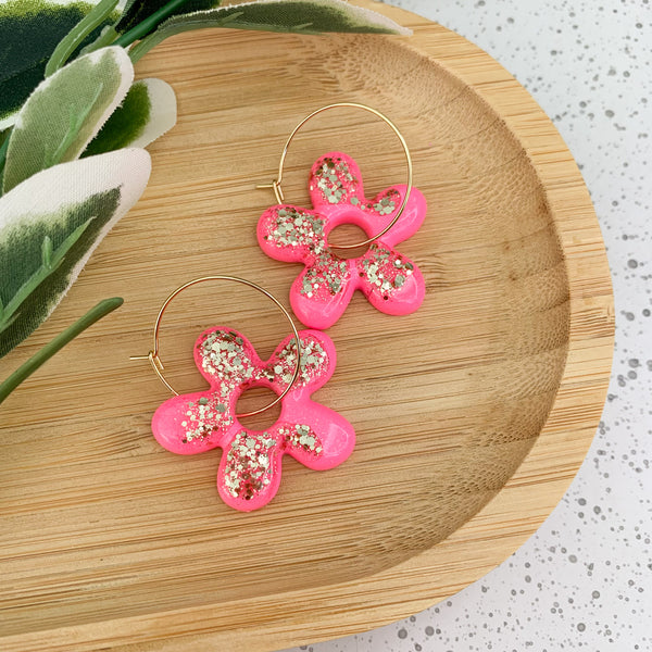 Flower Resin Hoop Dangle Earrings