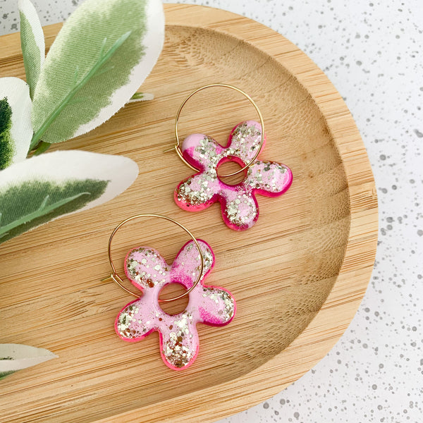 Flower Resin Hoop Dangle Earrings