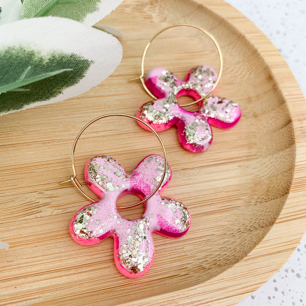 Flower Resin Hoop Dangle Earrings