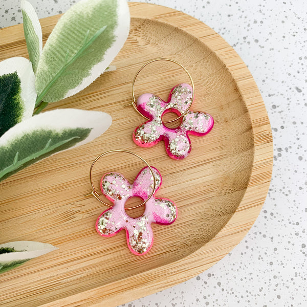 Flower Resin Hoop Dangle Earrings