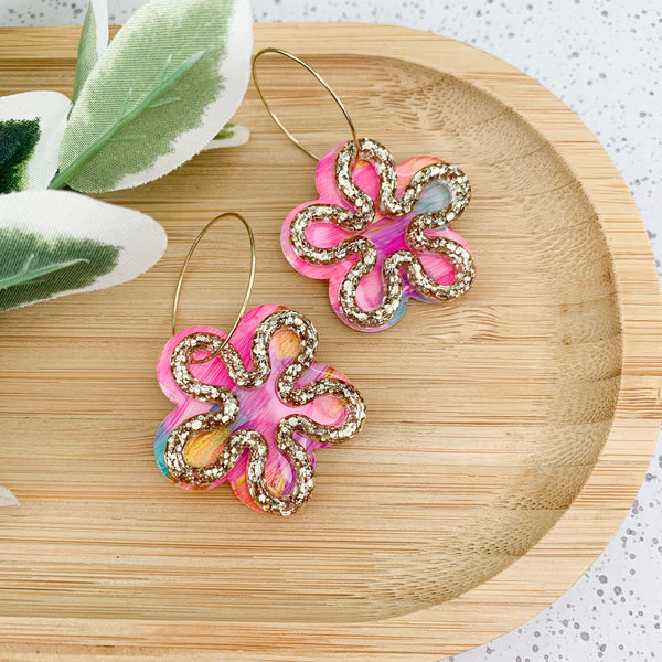 Brights Flower Power Hand Painted Yupo and Resin Dangle Hoop Earrings