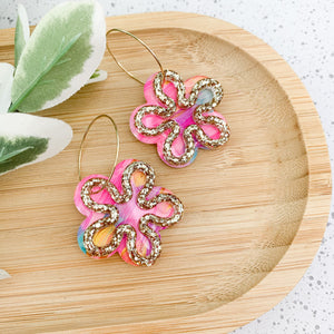 Brights Flower Power Hand Painted Yupo and Resin Dangle Hoop Earrings