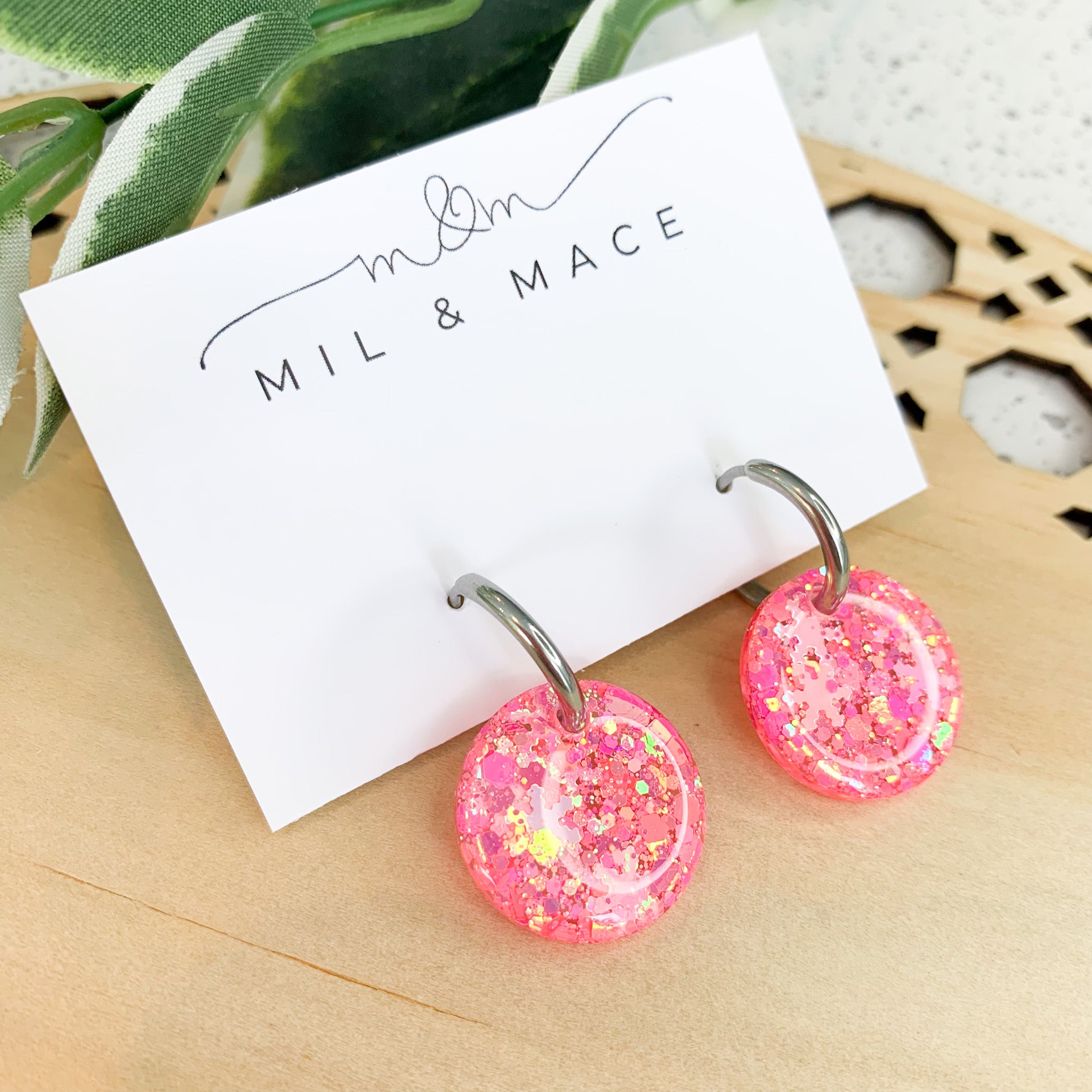 Fluoro Pink Glitter Huggie Dangle Earrings