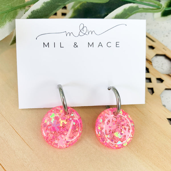 Fluoro Pink Glitter Huggie Dangle Earrings