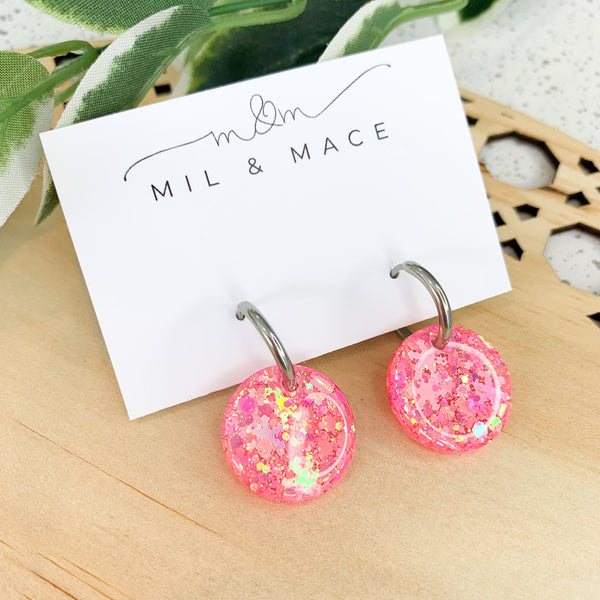 Fluoro Pink Glitter Huggie Dangle Earrings