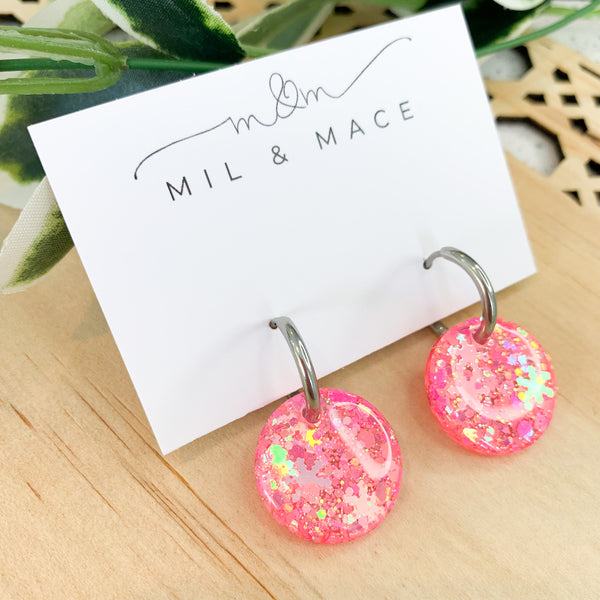 Fluoro Pink Glitter Huggie Dangle Earrings