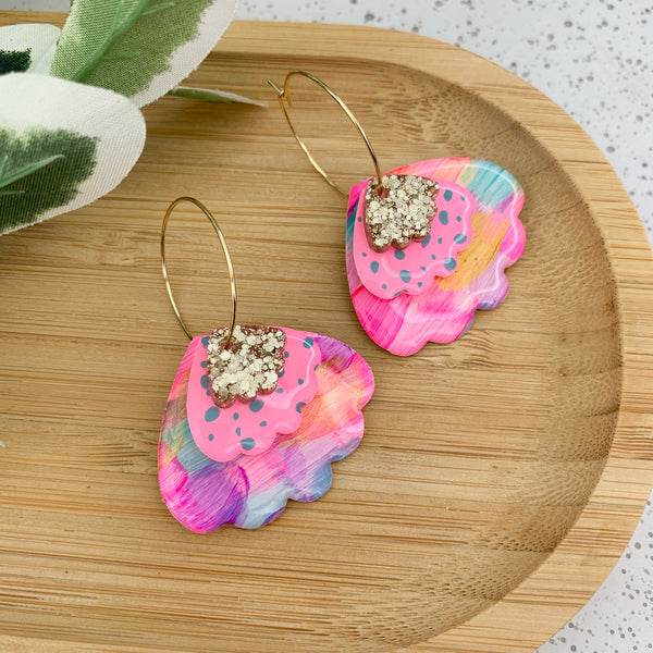 Petal Hand Painted Yupo Dangle Hoop Earrings