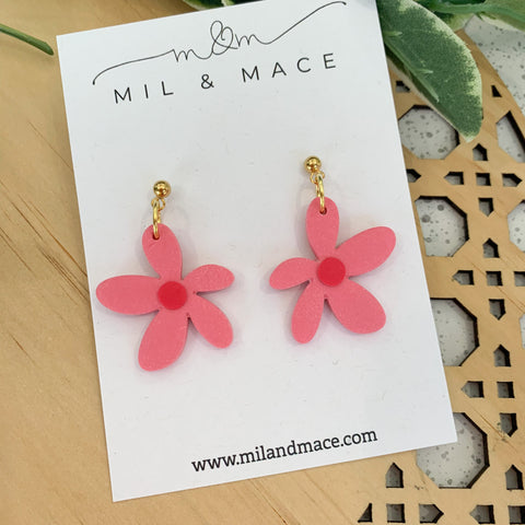 Spring Daisies Pink and Red Polymer Clay Dangle Earrings