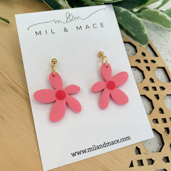 Spring Daisies Pink and Red Polymer Clay Dangle Earrings