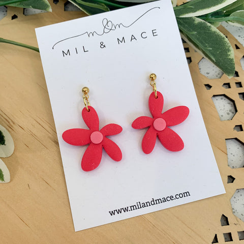 Spring Daisies Red and Pink Polymer Clay Dangle Earrings