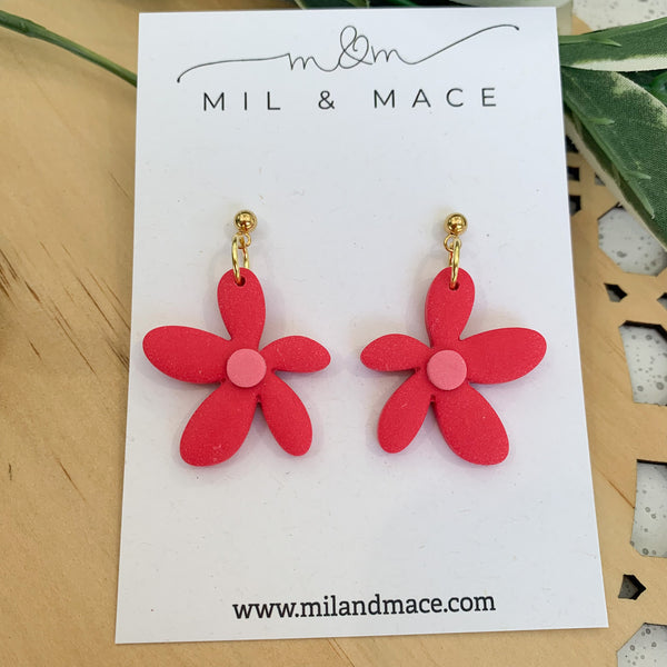 Spring Daisies Red and Pink Polymer Clay Dangle Earrings