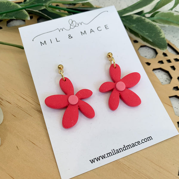 Spring Daisies Red and Pink Polymer Clay Dangle Earrings