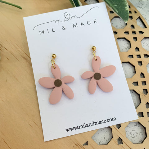 Spring Daisies Pink and Brown Polymer Clay Dangle Earrings