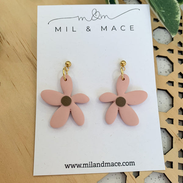 Spring Daisies Pink and Brown Polymer Clay Dangle Earrings