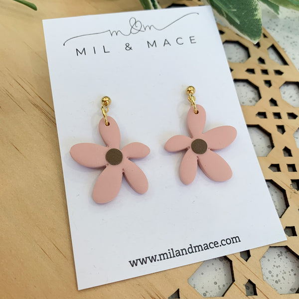Spring Daisies Pink and Brown Polymer Clay Dangle Earrings