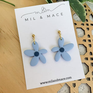 Spring Daisies Pastel Blue and Navy Polymer Clay Dangle Earrings