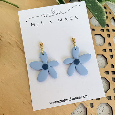 Spring Daisies Pastel Blue and Navy Polymer Clay Dangle Earrings