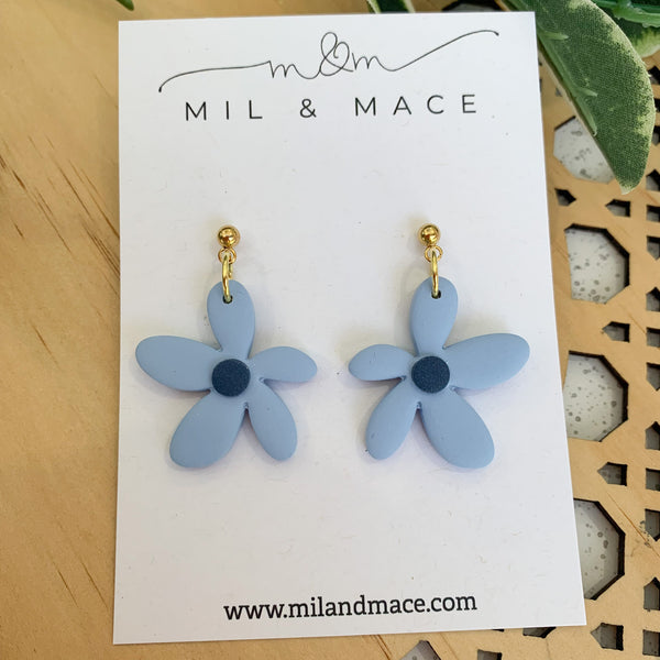 Spring Daisies Pastel Blue and Navy Polymer Clay Dangle Earrings