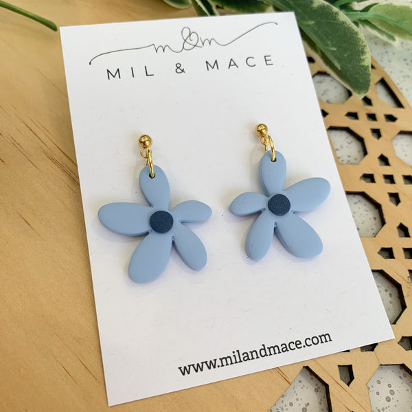 Spring Daisies Pastel Blue and Navy Polymer Clay Dangle Earrings