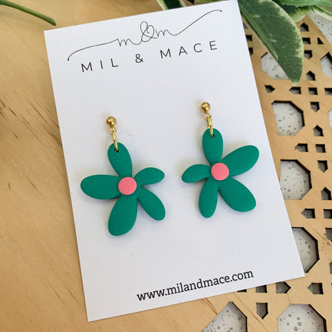 Spring Daisies Green and Pink Polymer Clay Dangle Earrings