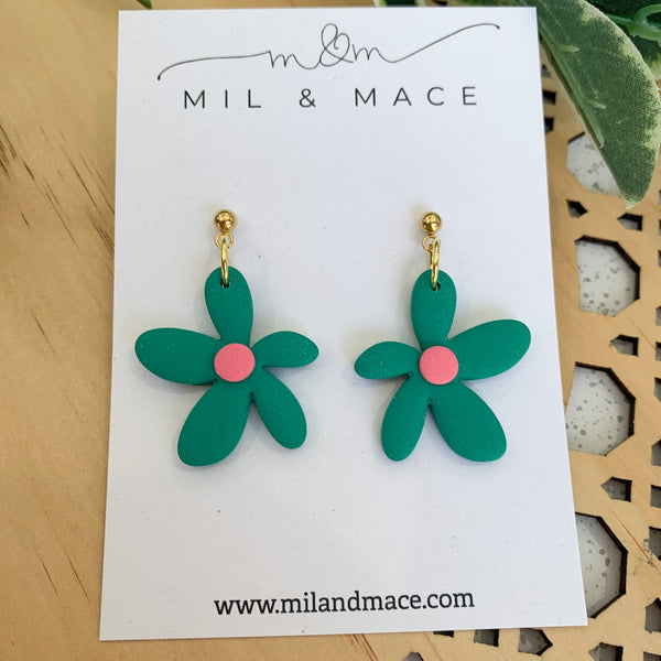 Spring Daisies Green and Pink Polymer Clay Dangle Earrings