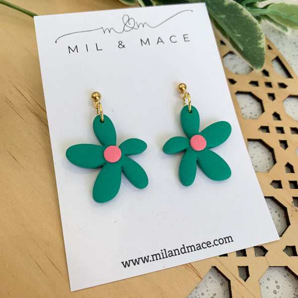 Spring Daisies Green and Pink Polymer Clay Dangle Earrings