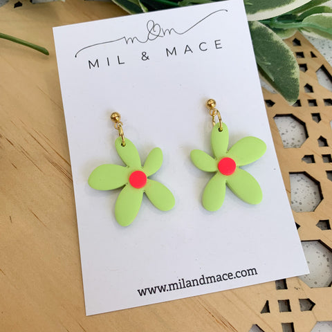 Spring Daisies Lime Green and Pink Polymer Clay Dangle Earrings