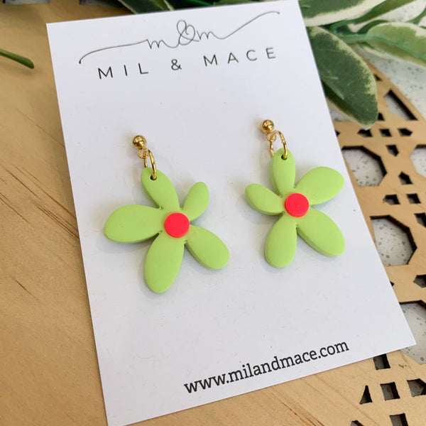 Spring Daisies Lime Green and Pink Polymer Clay Dangle Earrings
