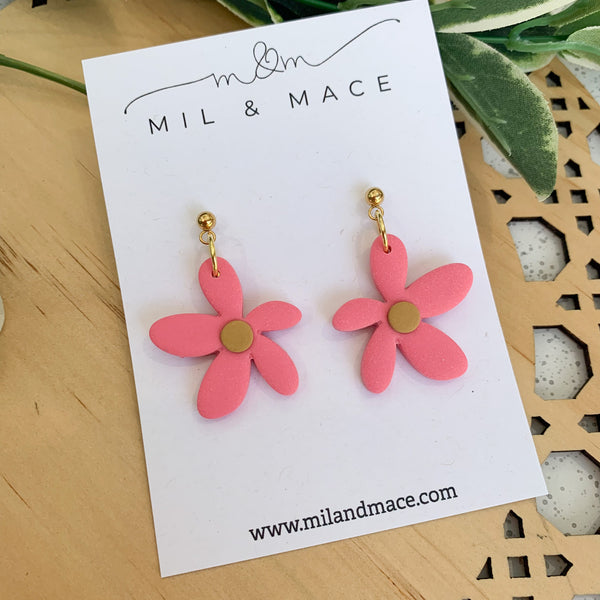 Spring Daisies Pink and Mustard Polymer Clay Dangle Earrings