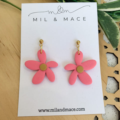 Spring Daisies Pink and Mustard Polymer Clay Dangle Earrings