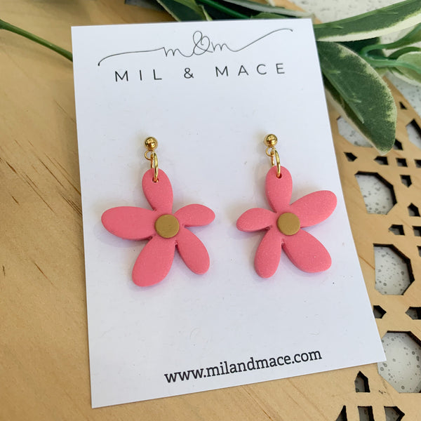 Spring Daisies Pink and Mustard Polymer Clay Dangle Earrings